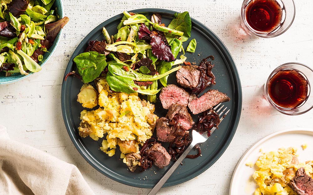 Steak and Balsamic Caramelized Onions with cheesy mashed potatoes,